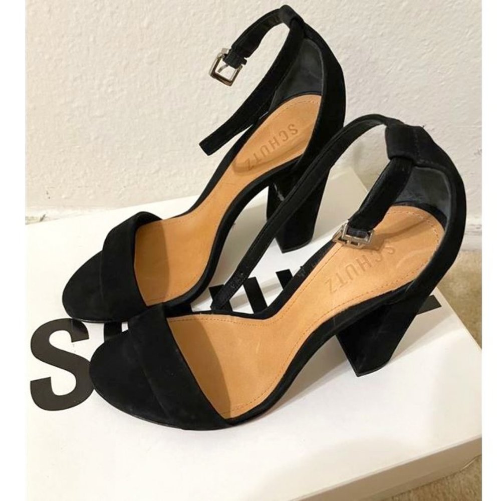 SCHUTZ ENIDA BLACK SUEDE SANDALS BLOCKHEELS 7